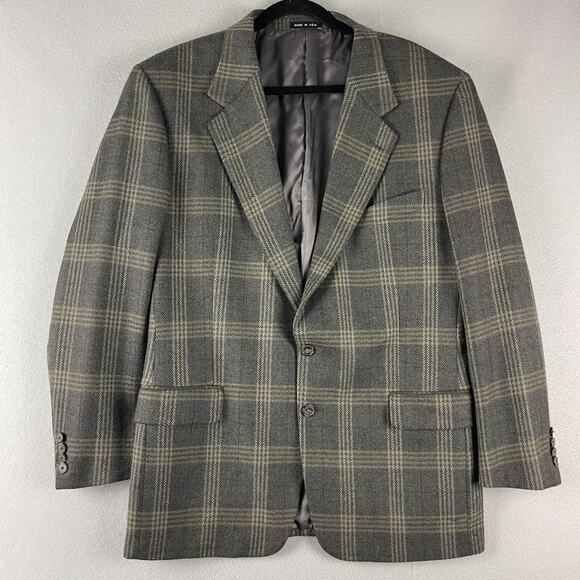 Joseph Abboud Wool Blazer Sport Coat Men 42R Gray Green Plaid Herringbone USA - Picture 1 of 16